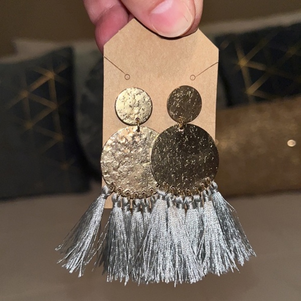 Grey and Gold Tassel Earrings